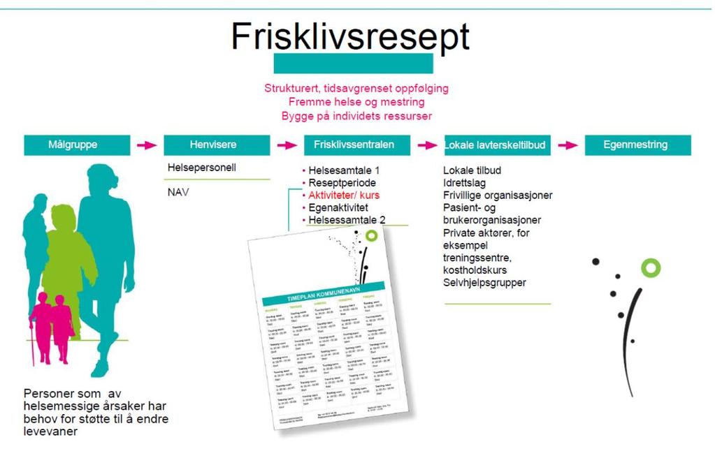 (Helsedirektoratet, 2013) Frisklivssentralen vil bidra til at broen mellom medisinsk behandling og egen mestring styrkes. Frisklivssentralen i Hå har vært i drift siden 2007.