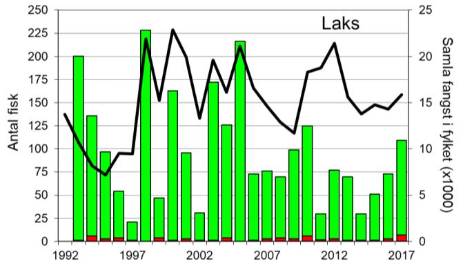 Skjel 2017 FANGST OG SKJELPRØVAR I SØRE VARHAUGELVA Fangststatistikk Gjennomsnittleg årsfangst av laks i perioden 1993-2017 var 99 laks (snittvekt 1,4 kg).