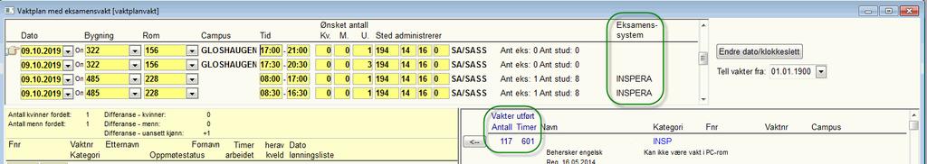 Vaktplan med eksamensvakt Kolonne for