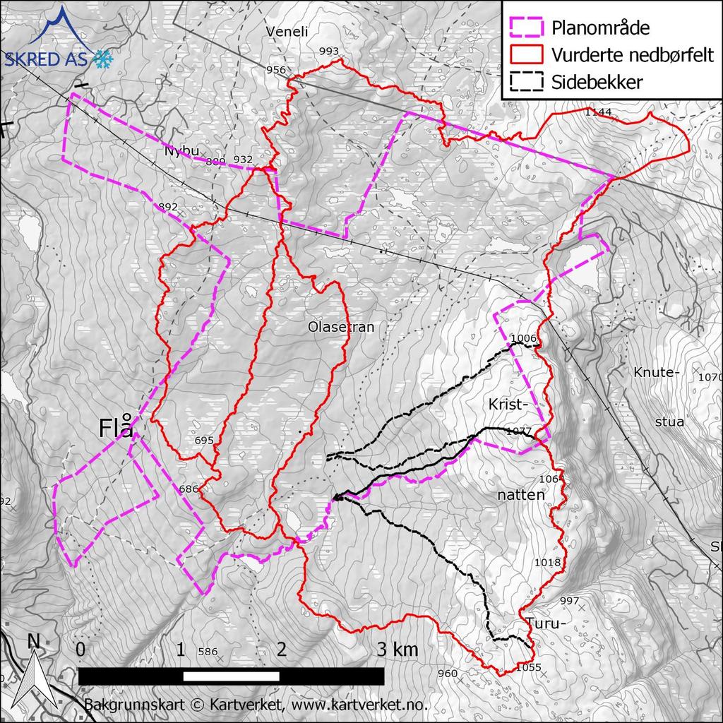 5 Flomberegning 5.1 Nedbørfelt Det er etablert en digital terrengmodell av nedbørfeltene til bekkene med oppløsning på 4x4 meter, basert på laserskanning av området (Blom, 2008).