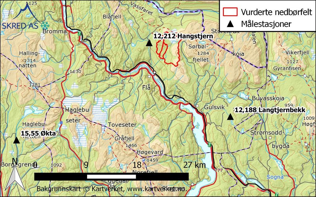 Figur 9: Lokasjon til utvalgte målestasjoner 15.55 Økta ligger ca. 30 kilometer sørvest for de vurderte bekkene.