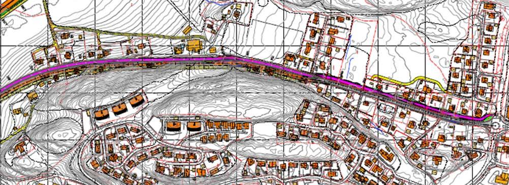 Figur 4: Utvidelse av dagens fv. 303 i Hogsnesbakken med løsning for gående/syklende. Vear og rundkjøringen ved Bekkeveien vises til høyre på skissen.