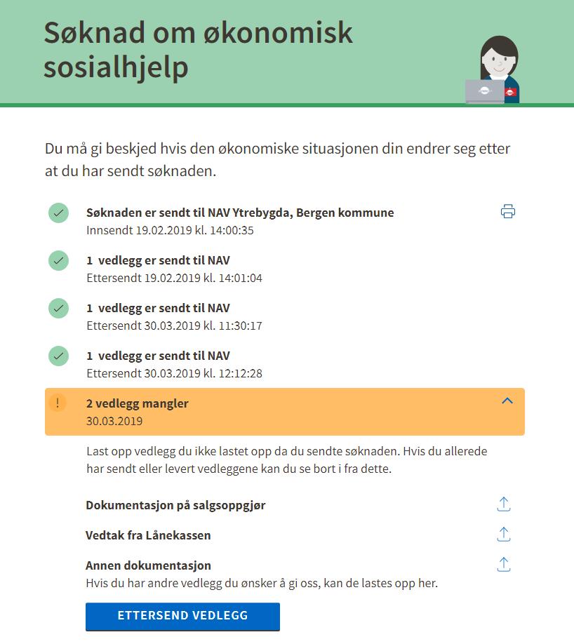 Søkeren får kvittering på alle vedleggene som er sendt inn med tidspunkt for innsendelse.