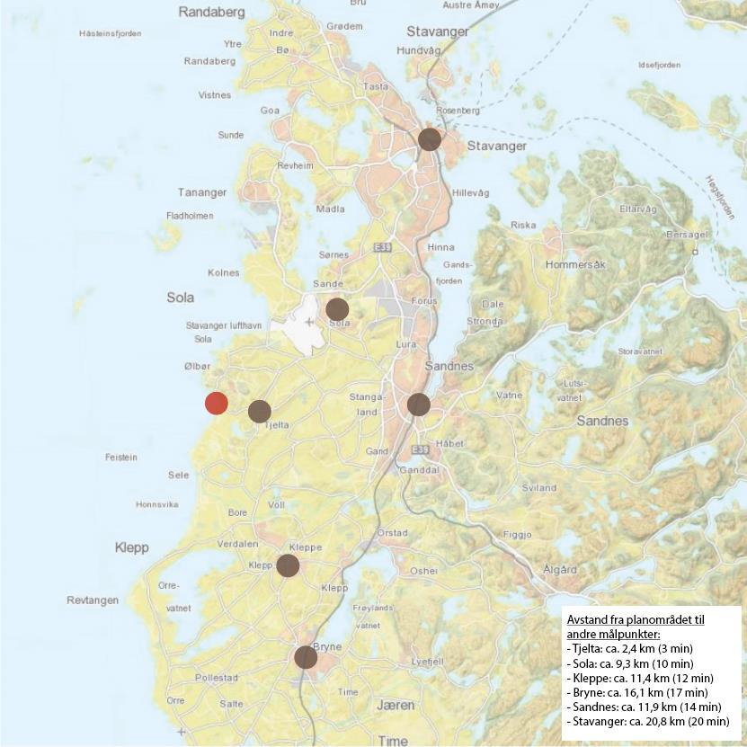 5 TILGJENGELIGHET 5.1 Biltilgjengelighet Planområdet ligger på Hellestø helt sør i Sola kommune, og det er hhv. ca. 2,4 km og ca. 9,3 km i kjøreavstand til Tjelta og Sola sentrum.