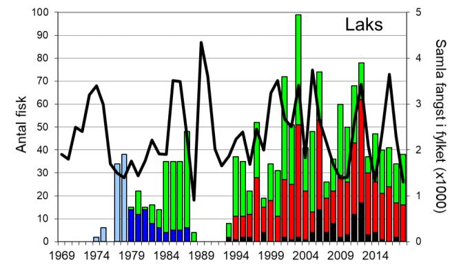 Skjel 2018 FANGST OG SKJELPRØVAR I ÆNESELVA Fangststatistikk I perioden 1969-2018 vart det i gjennomsnitt fanga 37 laks per år (figur 1, stolpar) i Æneselva, men mellomårsvariasjonen har vore stor.