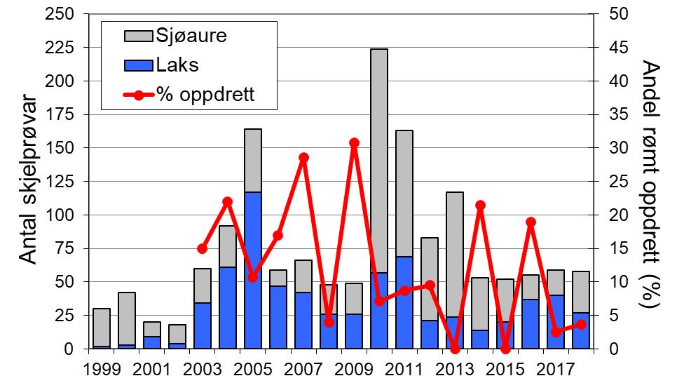 I 2018 vart det fanga 45 laks (snittvekt 3,5 kg).