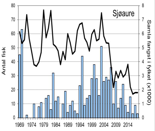 Fangst av laks og sjøaure i Ryggelva i perioden 1969-2018 (antal, stolpar).