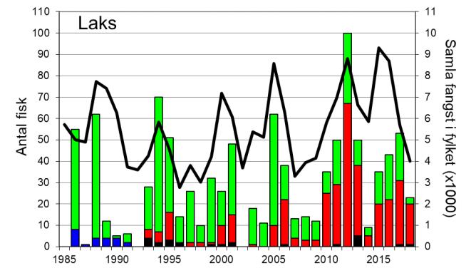 Skjel 2018 Fangststatistikk FANGST OG SKJELPRØVAR I HJALMA Laksefangstane i Hjalma har variert mykje mellom år, med 2012 som rekordår (100 laks; figur 1, stolpar).