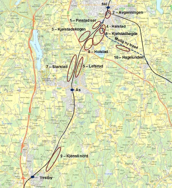 Figur 5. Alternativer for plassering av togparkeringsanlegg, fra utredningen Hensetting Østlandet. Det ble gjennomført en høring av utredningen i 2015.