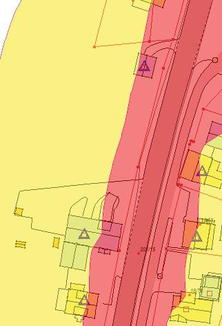 Støyskjermende effekt av bygningene som rives må kompenseres (for bygninger i gul eller rød sone).