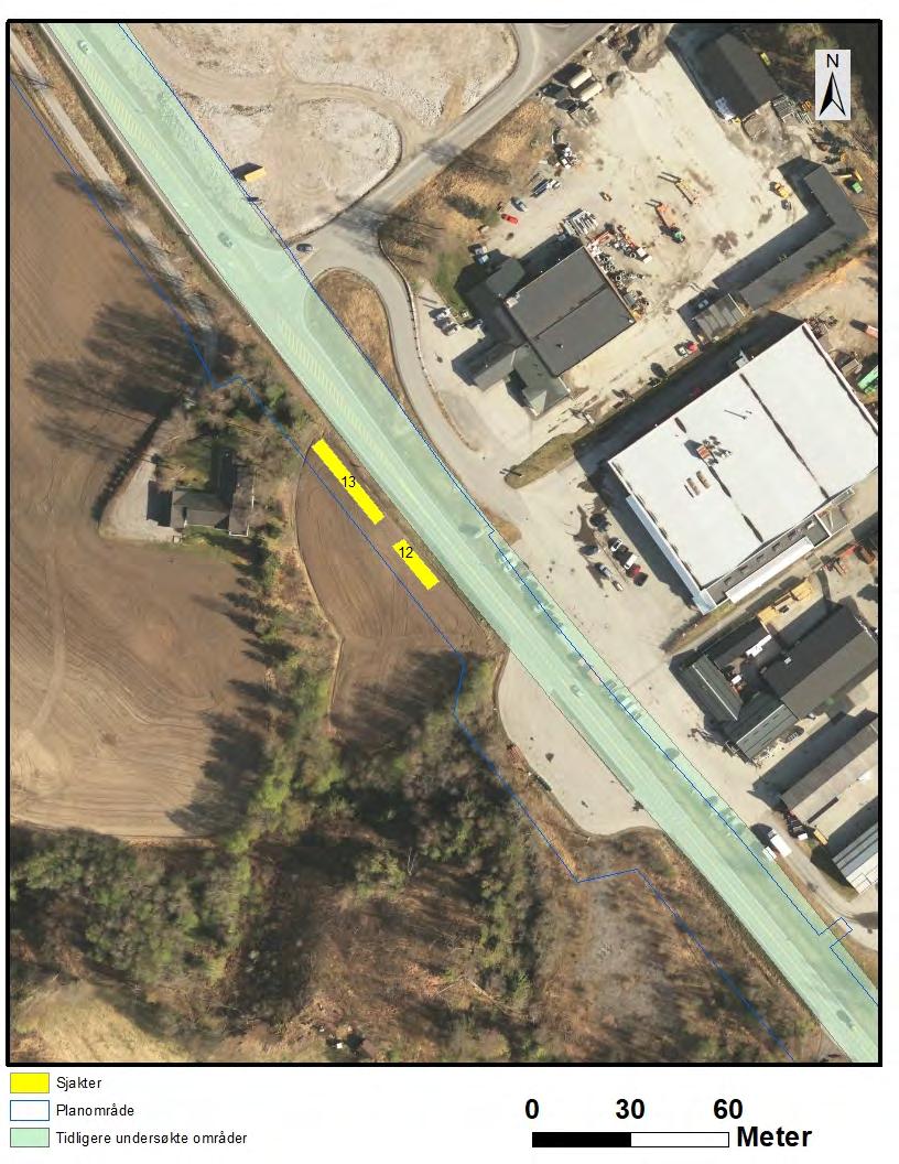 Rapport arkeologisk registrering 25 Sjakt 12-13 (ved Brenna industriområde) Figur 22. Sjakt 12-13. Det går VA både langs veien (dvs.