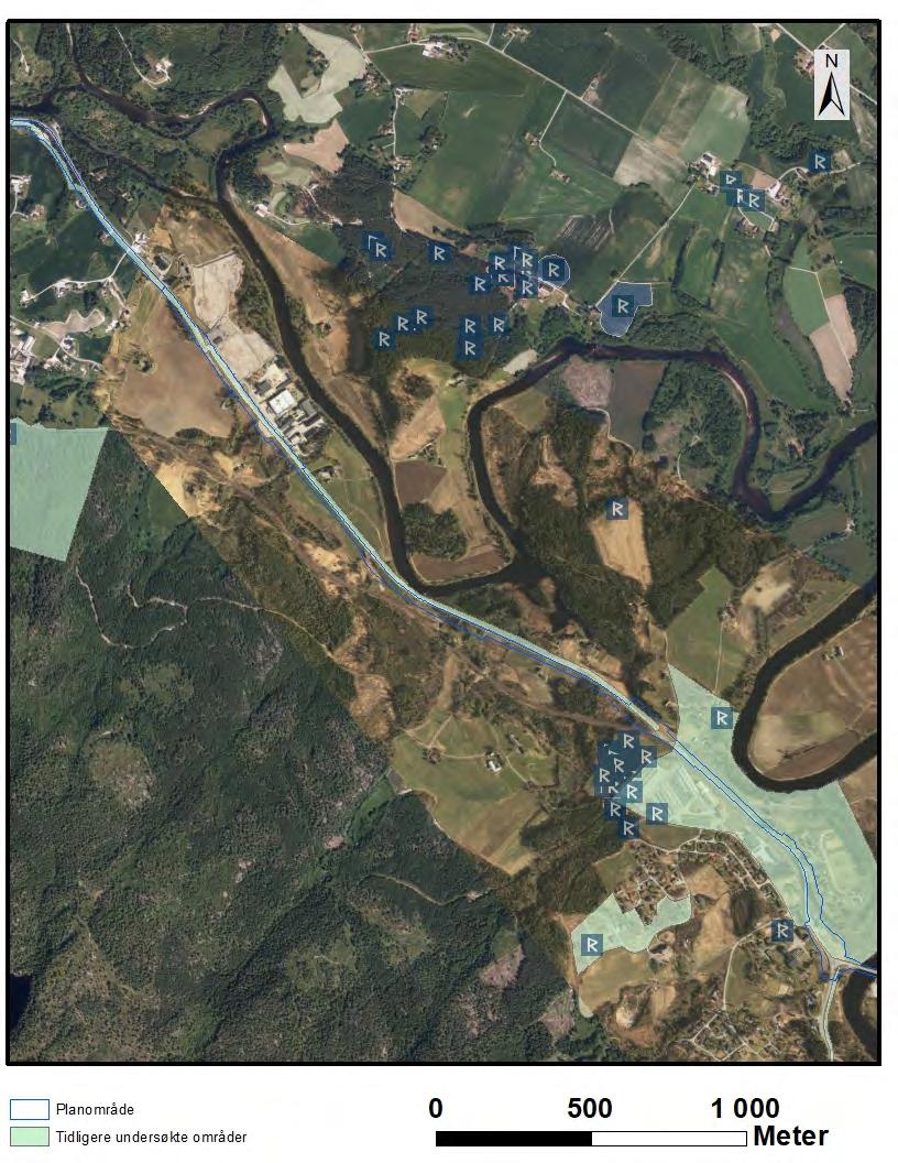 Rapport arkeologisk registrering 9 Metallsøkerfunn Figur 6. Det er ikke tidligere registrert automatisk fredete kulturminner i planområdet.