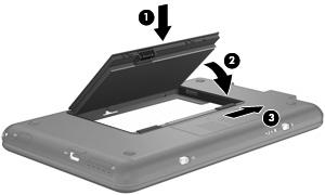 5. Skyv høyre batteriutløser (3) mot høyre for å låse batteriet på plass. Slik tar du ut batteriet: 1. Koble fra alle eksterne enheter. 2.