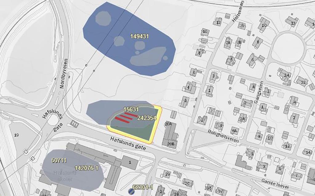 arkeologiske registreringen gjennomført av Østfold fylkeskommune følger som vedlegg 05 til planbeskrivelsen. Figur 5-8: Kartutsnitt over arkeologiske funn nord for rv. 22 Hafslunds gate og sør for rv.