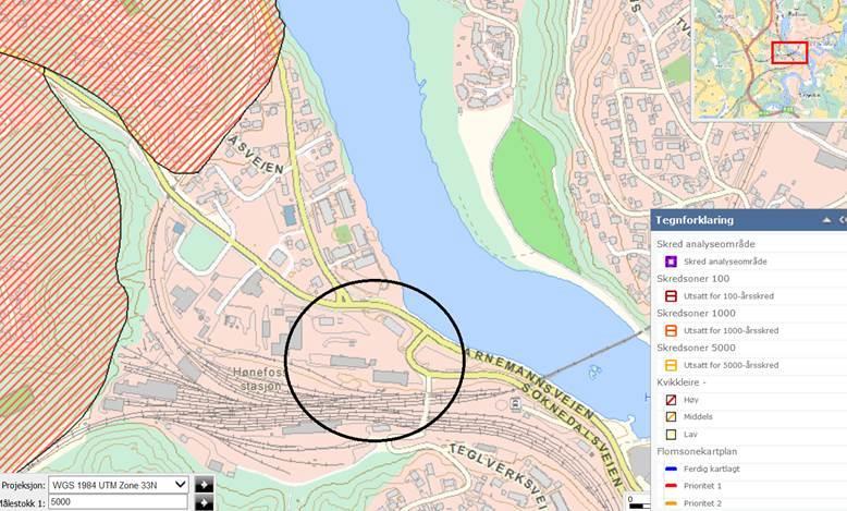 Figur 3: faresonekartet viser at prosjektområdet er utenfor, men nær et område med høy faregrad for kvikkleireskred Grunnforhold: se egen rapport fra Multiconsult NGI rapport http://kart.ringerike.