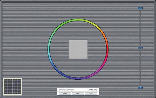 3. Bildeoptimering Første fargekalibreringsskjerm Eco Power-menyen Previous (Forrige)-knappen er deaktivert frem til den andre fargeskjermen. Next (Neste) går til påfølgende mål (6 mål).