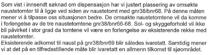 Vi viser til søknad med vedlegg, journalført motteke 09.07.19. Nabovarsling: Tiltaket er nabovarsla tilstrekkeleg, jf. pbl 21-3 første og andre ledd. Det er kome 5 merknadar til tiltaket.