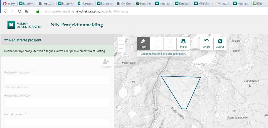 Vel du å teikne i kartet, digitaliserer du prosjektet direkte. Du kan angre det seinaste du gjorde, og du kan avbryte prosessen.