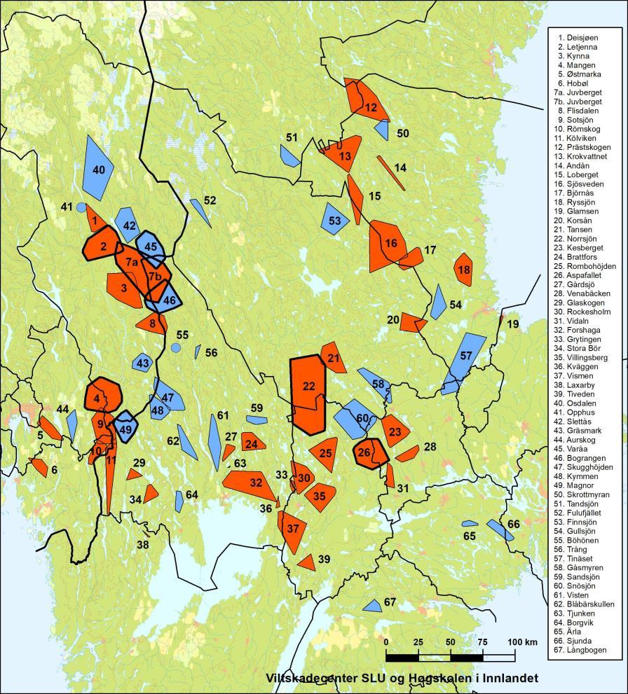 Side 8 av 17 Fig 2. Familiegrupper (røde polygoner) og revirmarkerende par (blå polygoner). Tjukk ytterkant angir revir hvor minst en ulv hadde GPS-sender om vinteren.