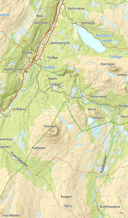 Område 5: Skyttmarka-Ramsgjel-Tollåga-Tverrådalen Område 5 innehar tre vassdrag som er vernet der vassragenes elver,
