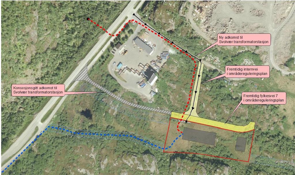 Side 2 Figur 1: Svolvær transformatorstasjon med konsesjonsgitt og endret adkomstveg. Jordkabelen legges i veg fra kabelendemast (merket med svart prikk).