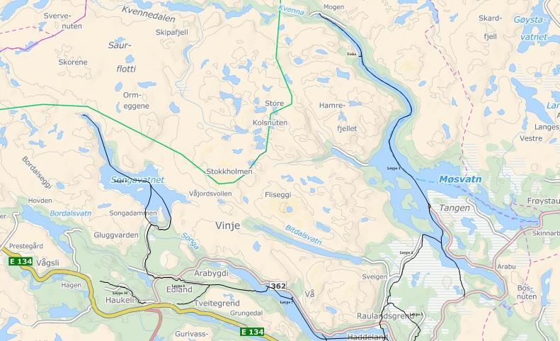 Figur 4.2. Utdrag fra kart som Vinje kommune har ute til høring per november 2015. Blå strek viser løyper som kan bli regulert til snøscooter i fremtiden.
