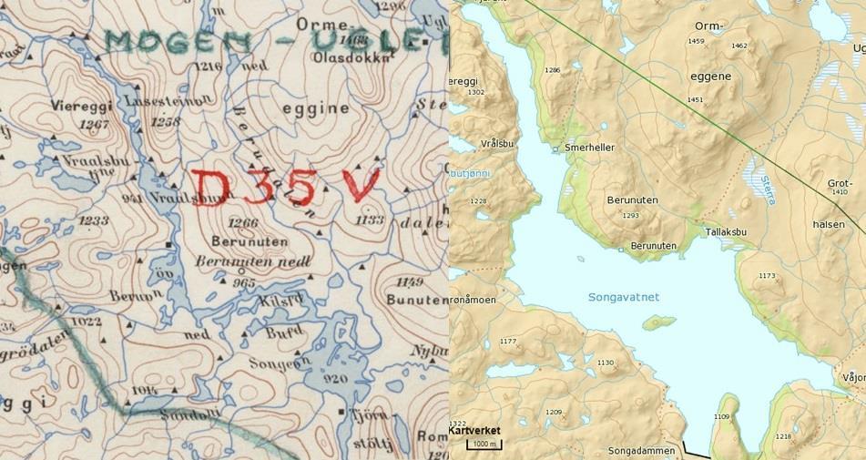 Figur 5.4. Songavatnet før og etter oppdemming. Høyfjellskommisjonens Hardangerviddakart fra 1958 er sammenstilt med kart hentet fra norgeskart.no. Regulering 974-939 moh.