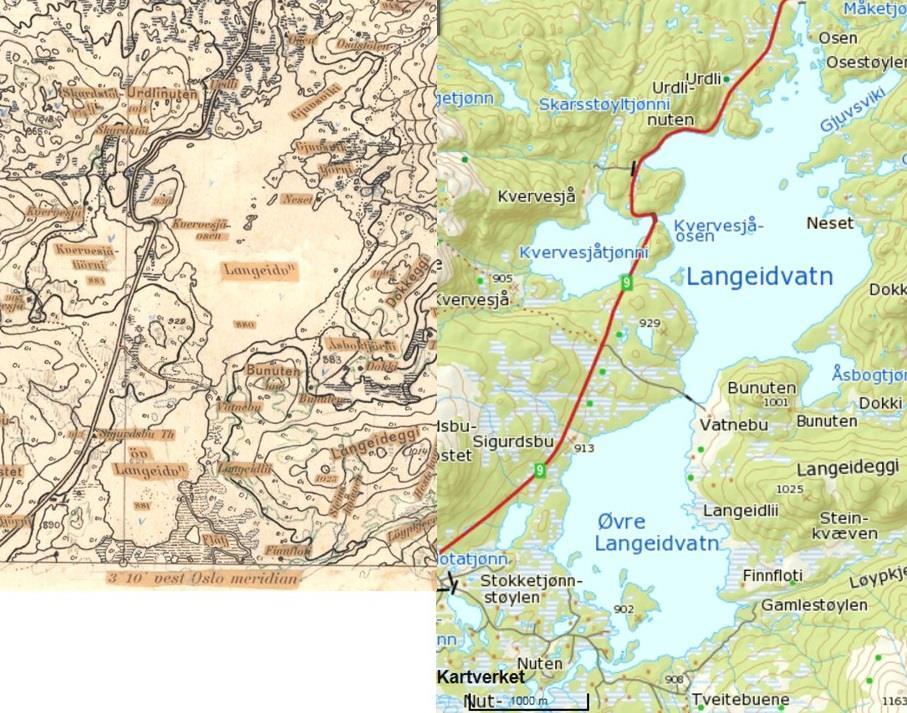 Figur 5.13.. Langeidvatn før og etter oppdemming. Gradteigskart D35-2 fra 1956 er sammenstilt med kart hentet fra norgeskart.no. Regulering 886-879 moh. (889-886 moh. på øvre Langeidvatn).