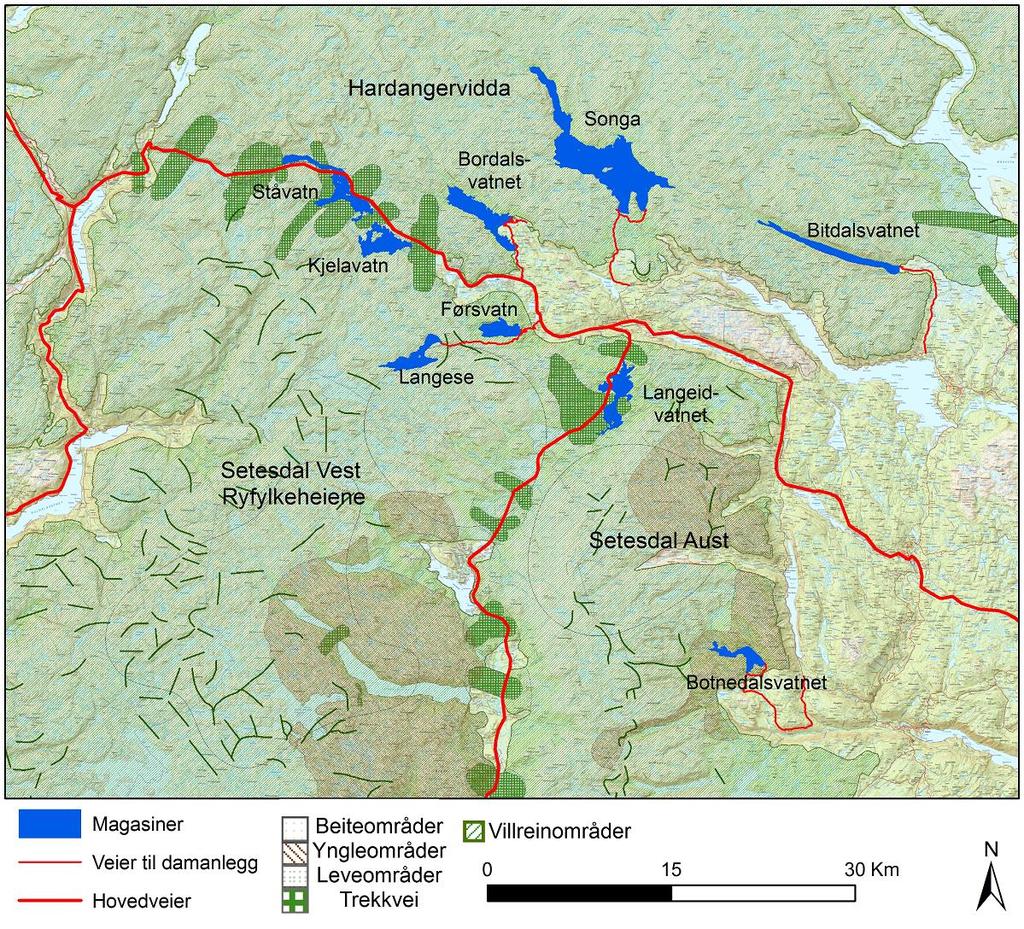 3. TILTAKSBESKRIVELSE FOR DE DELER AV TOKKE/VINJE REGULERINGENE SOM INNGÅR I VILLREINOMRÅDER Konsesjonsområdet inkluderer arealer innenfor villreinområdene Hardangervidda, Setesdal Vest Ryfylkeheiene