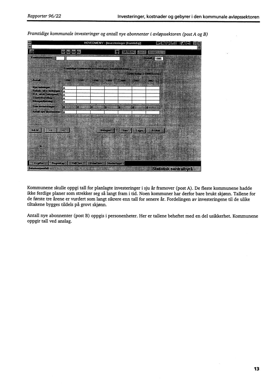 Rapporter 96/22 Investeringer, kostnader og gebyrer i den kommunale avløpssektoren Framtidige kommunale investeringer og antall nye abonnenter i avløpssektoren (post A og B) HOVEDMENY -