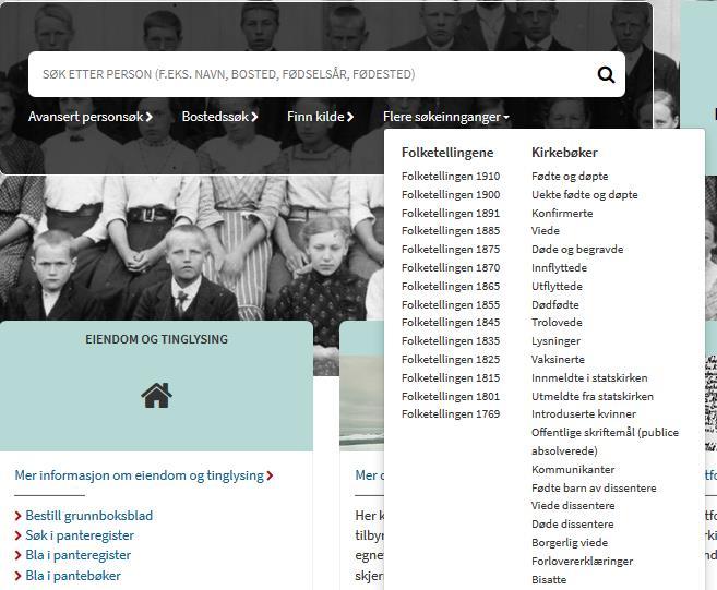 På forsiden til Digitalarkivet kan du ved å klikke på Flere søkeinnganger se bildet for forklaring.