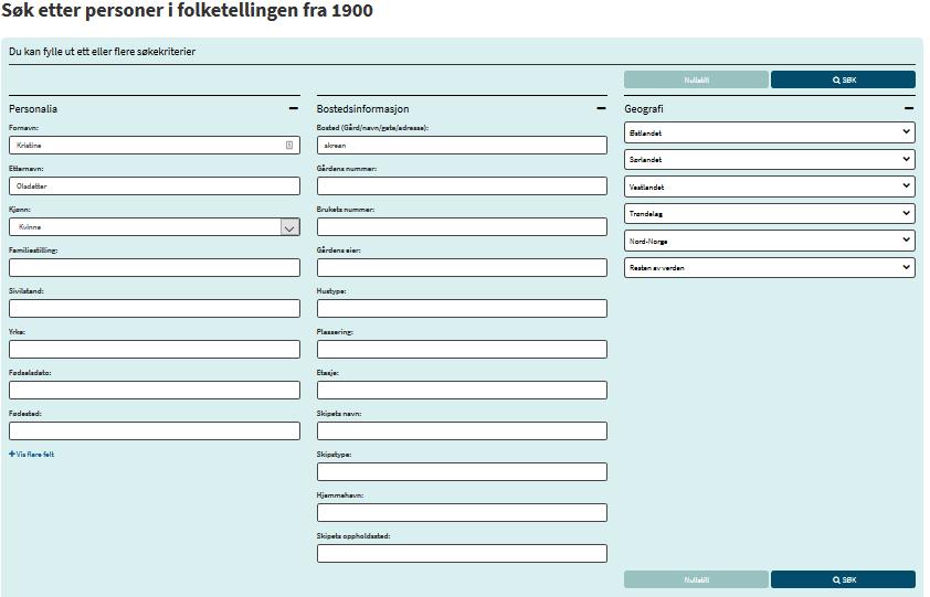 Nå kan du fylle inn de opplysningene du har om personen, velge hvor