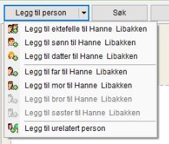 For å få mulighet til å legge inn barn og barnebarn så klikker jeg på Legg til person og jeg får mulighet til å velge datter eller sønn eller jeg kan få lagt til foreldre eller ektefelle dersom det