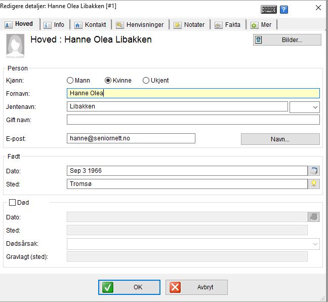 Når du er inne i programmet så kan du ved hjelp av å dobbeltklikke på en person se hvordan du får lagt til oplysninger og bilder.