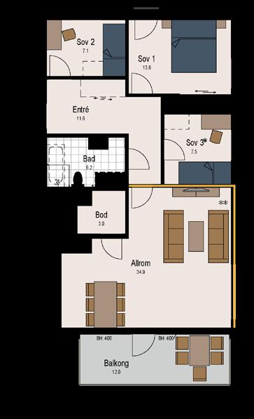 4-roms 89 kvm BRA Hovedsoverom leveres med skyvedørsgarderobe Integrerte hvitevarer på kjøkken Downlights på bad og i