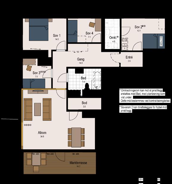 5-roms 115 kvm BRA Hovedsoverom leveres med skyvedørsgarderobe Integrerte hvitevarer på kjøkken Downlights på bad og i entré *