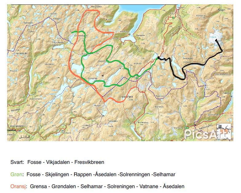 Kart med køyretrase. Kopi frå søknad. Søknaden Vik Røde Kors Hjelpekorps har sendt til verneområdestyre er sendt frå Sogn og Fjordane Røde Kors.