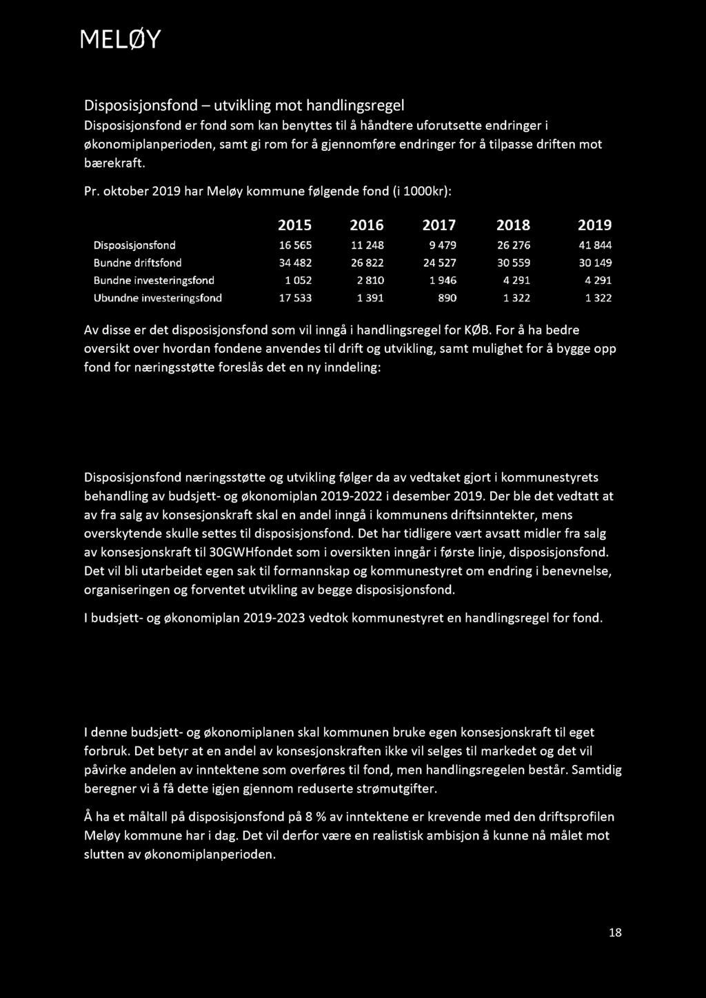 Rådmannens forslag til B udsjet t 2020 og økonomiplan for Meløy kommune 2020 2023 Disposisjonsfond utvikling mot handlingsregel Disposisjonsfond er fond som kan benyttes til å håndtere uforutsette