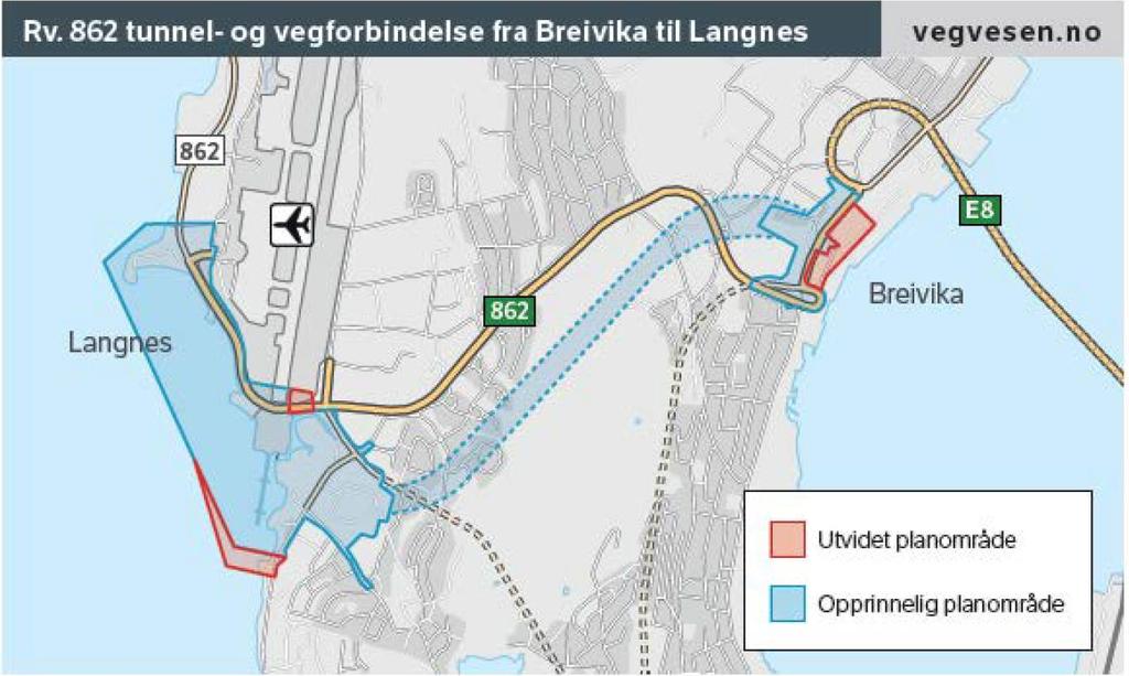 Figur 1: Kart som viser opprinnelig og utvidet planområde I planarbeidet vil Avinor avklare om det er behov for å justere grensen for arealformålet lufthavn i plan 1728, områderegulering for Langnes,