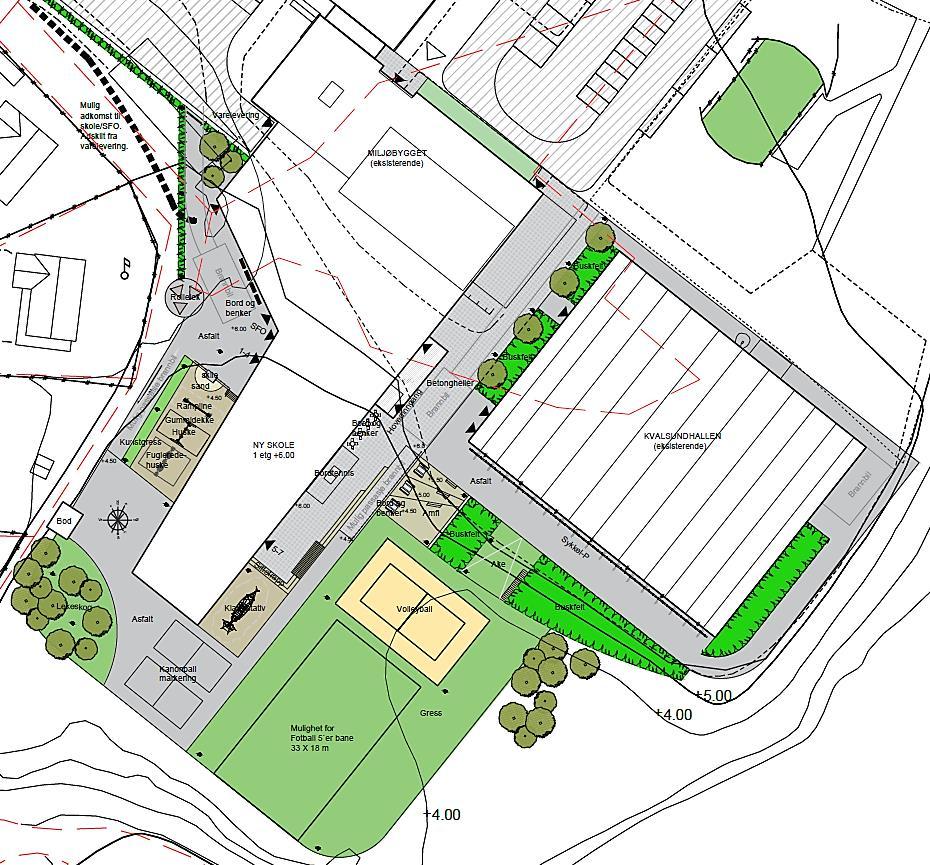 plassert sentralt i plan 2 og grense mot aulaen og svømmebasseng. Det tilrettelegges også for nye grøntarealer og lek på området rundt den nye skolen.