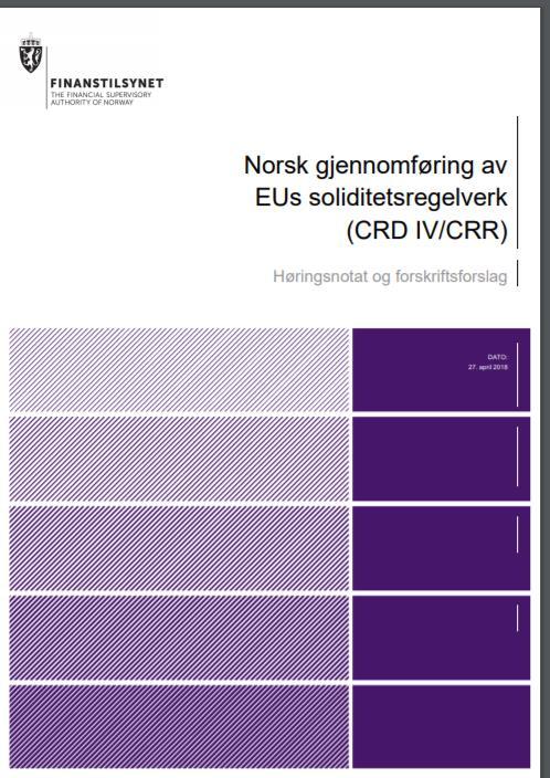 Andre endringer (1) forslag fra Finanstilsynet Automatisk ved innlemmelse av CRR: Basel I-gulvet bortfaller, SMB-faktor innføres Nasjonale valg videreføres: Risikovekting av lån med pant i eiendom i