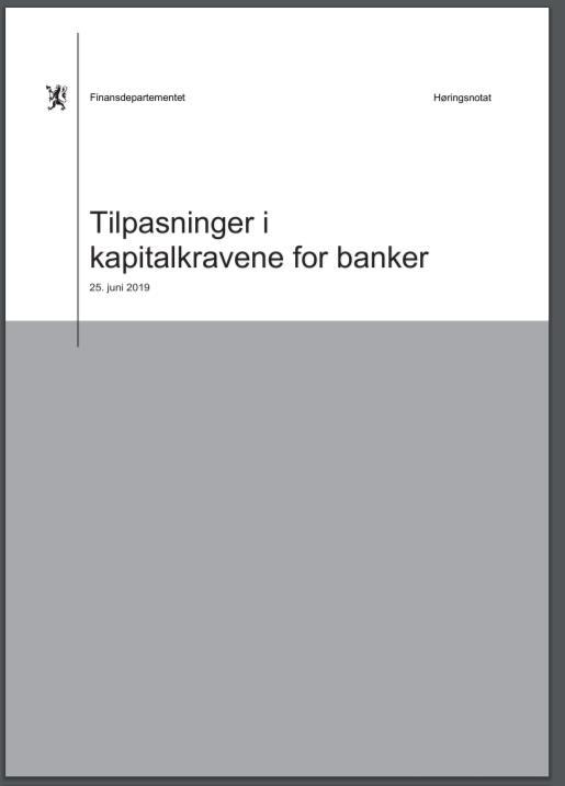 Andre endringer (2) forslag fra Finansdepartementet Endret systemrisikobuffer: I dag: 3 prosent på samlede engasjement Forslag: 4,5 prosent på innenlandske engasjement* Overgangsregler for