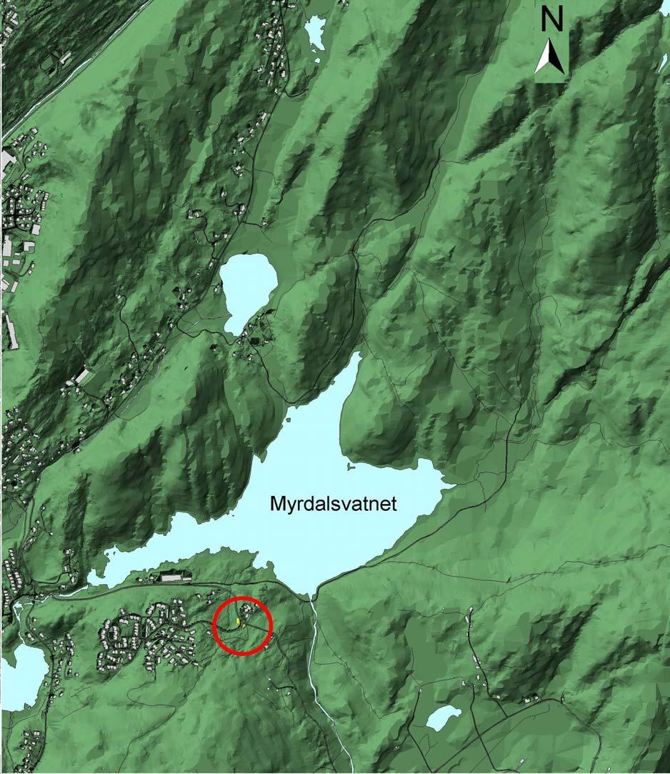 2 Topografi Planområdet besto av to områder sør og sørvest for gården Myrdal langs Totalandsveien på ca. 110 meters høyde over havet.