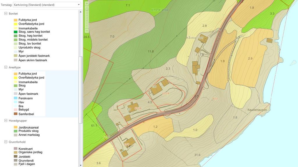 Utsnitt kartbase skog og landbruk. Kilde (NIBIO) AR5. 5.9 Trafikk og infrastruktur Det er tilkomst til området med direkte avkjørsel frå kommunevegen. Fartsgrense på kommunevegen er 80 km/t. 5.10 Barns interesser Det er ikkje registrert spesiell aktivitet eller bruk frå born innanfor planområdet.