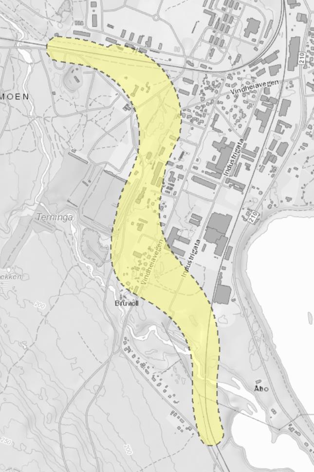 16 av 27 4.3 Alternativ 2 Alternativ 2 (3 fra silingsprosessen) er foreløpig angitt som en 100 m bred korridor i kartet til høyre. Ny tilsving vil ha en lengde på ca. 1700 m.