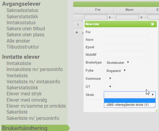 Brukerhåndtering Det er bare bruker av typen ADMIN som kan se poster i denne tabellen. Den med admin-rettighet tildelt av fylket kan endre, slette eller legge til nye ordinære brukere på egen skole.