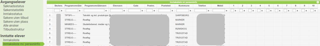 Inntaksliste m/personinfo Viser hvilke elever som har fått tilbud/tatt* inn til egen skole. Skolenr her er altså den skolen vedkommende er tatt inn ved (den videregående skolen).