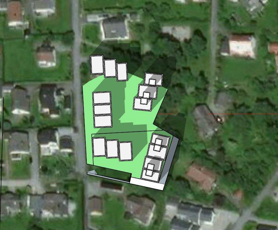 Figur 7: Sol- og skyggeanalyse med bygningshøyde på 6,7m gesims + ev. trappehus for adgang til takterrasse på enkelte boliger. Sol-/skyggeanalyse ved vårjevndøgn kl.