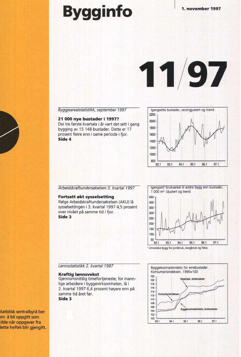 Byg g i nfo 1. november 1997 11/97 Byggjearealstatistikk, september 1997 21 000 nye bustader i 1997? Dei tre første kvartala i år vart det sett i gang bygging av 15 148 bustader.