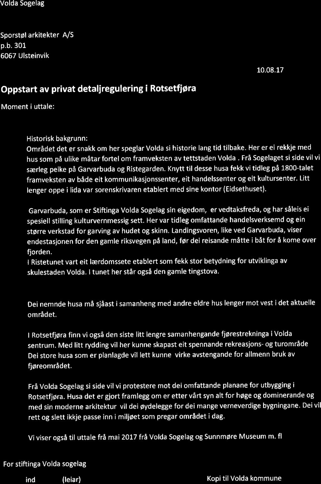 Volda Sogelag Jg g> Sporstol arkitekter A/S p.b. 301 6067 Ulsteinvik 10.08.